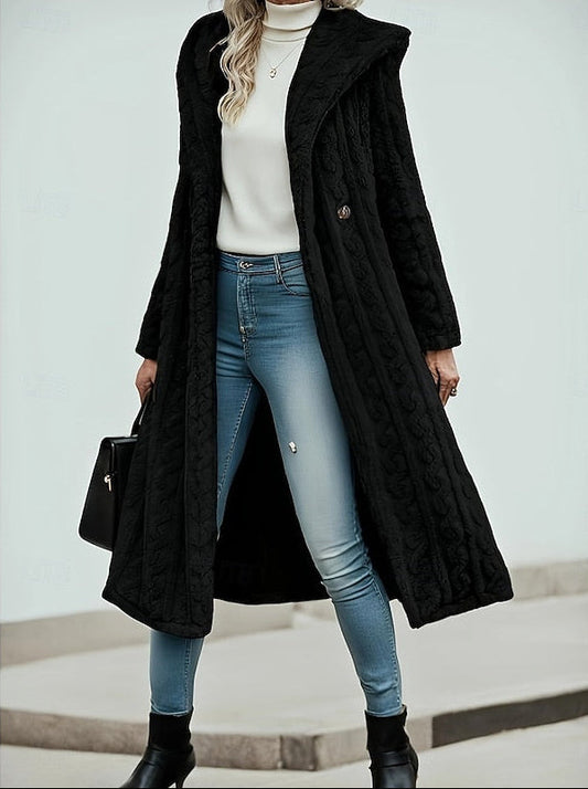 Long Hooded Teddy Coat with Textured Swirl Pattern, Longline — variant_front