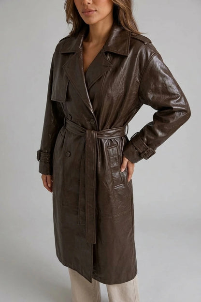 Women’s Leather Look Trench Coat – Long Double Breasted Belted Jacket — variant_front