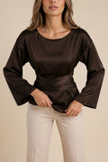 Satin-Look Tie Waist Blouse - Long Sleeve Draped Top