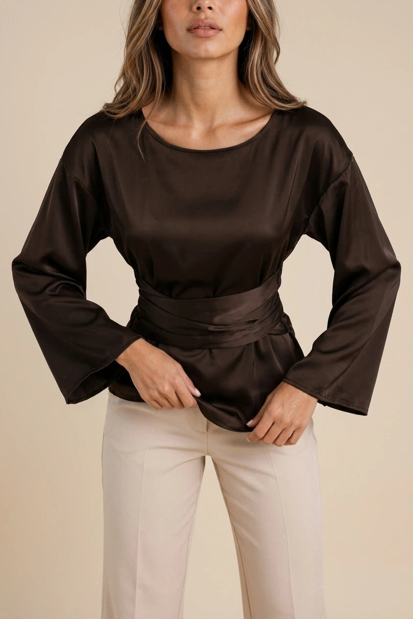 Women’s Satin Look Tie Waist Blouse – Long Sleeve Draped Evening Top — variant_front