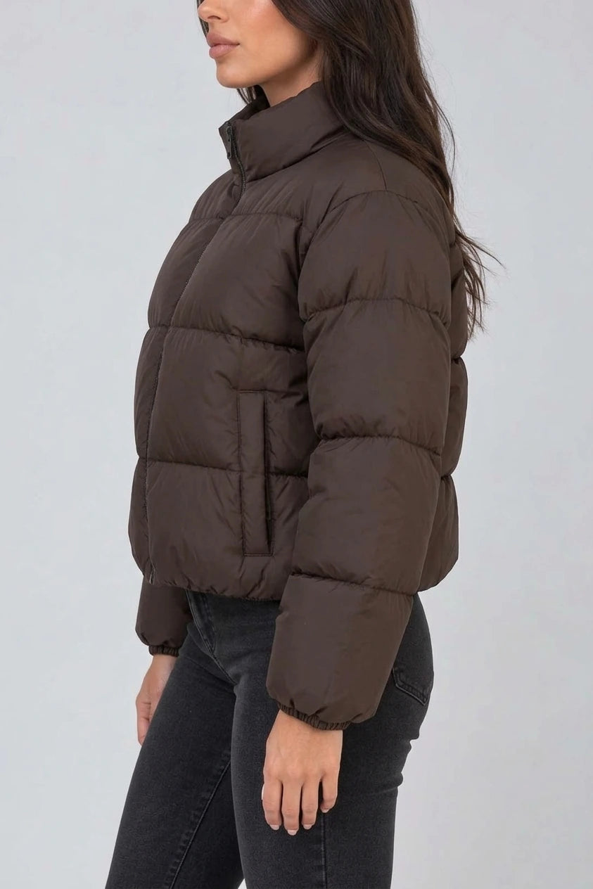 Women’s Cropped Puffer Jacket – High Neck Full Zip Padded Coat — variant_front