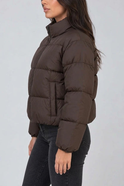 Women’s Cropped Puffer Jacket – High Neck Full Zip Padded Coat — variant_front