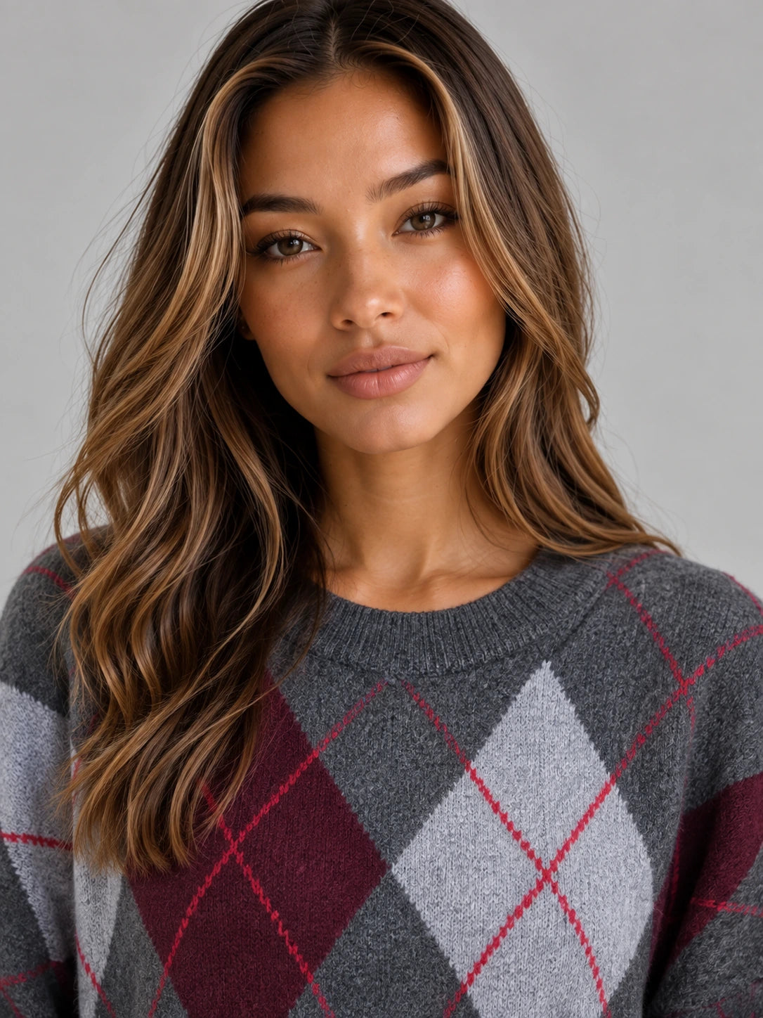 Women’s Argyle Pattern Knit Jumper – Crew Neck Long Sleeve Sweater — gallery_04.webp