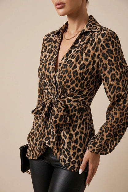 Leopard Print Wrap Blouse with Tie Waist Office to Evening Long Sleeves Top — variant_front