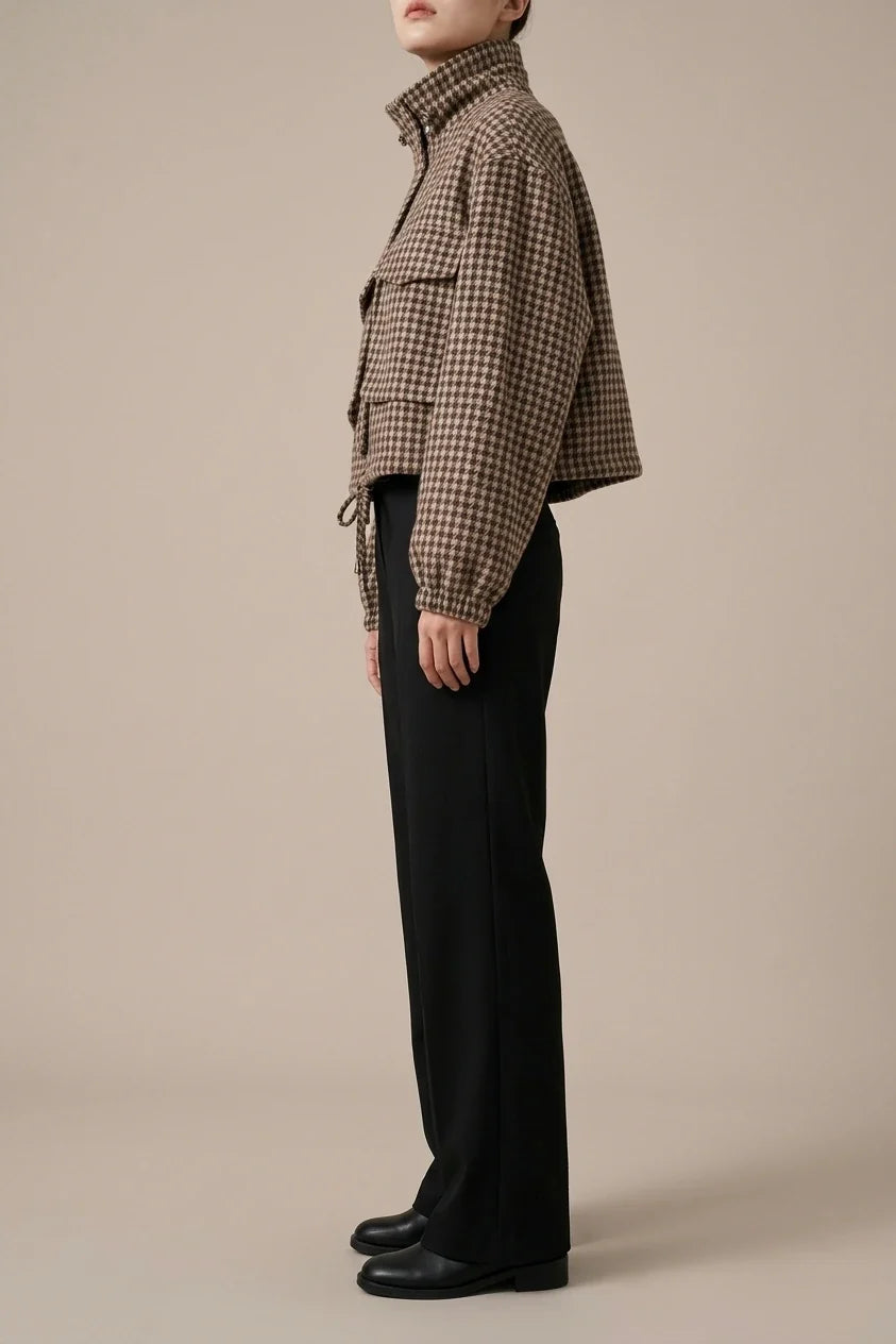 Women's Vintage British Houndstooth Jacket - Short Zip-Up Blazer with Stand Collar, Loose Fit Short Length, Zippered Outerwear Suitable for Spring/Autumn, Casual Office Wear, Machine Washable Houndstooth Suit — variant_front