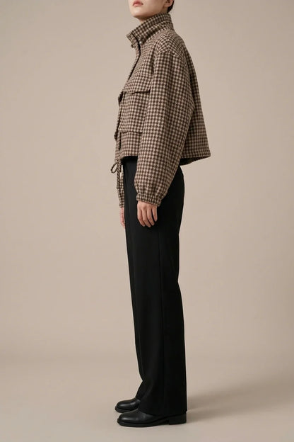 Women's Vintage British Houndstooth Jacket - Short Zip-Up Blazer with Stand Collar, Loose Fit Short Length, Zippered Outerwear Suitable for Spring/Autumn, Casual Office Wear, Machine Washable Houndstooth Suit — variant_front
