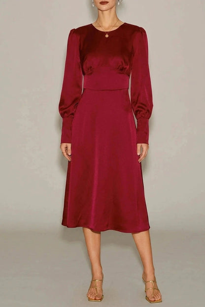 Satin A-Line Midi Dress With Puff Sleeves And Crew Neck