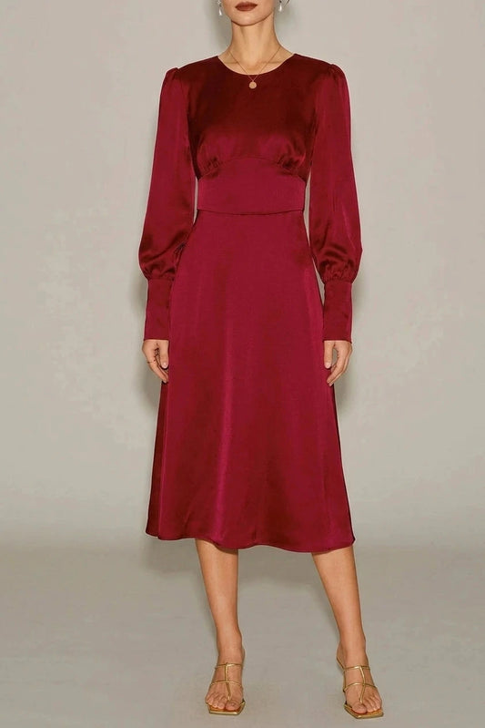 Satin A-Line Midi Dress With Puff Sleeves And Crew Neck