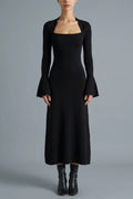 Square Neck Flare Sleeve Midi Dress With Fitted Bodice