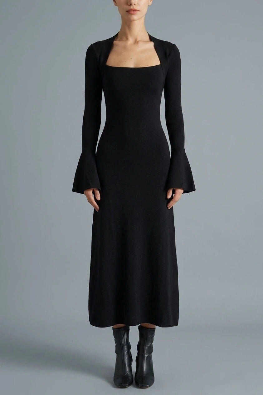 Square Neck Flare Sleeve Midi Dress With Fitted Bodice