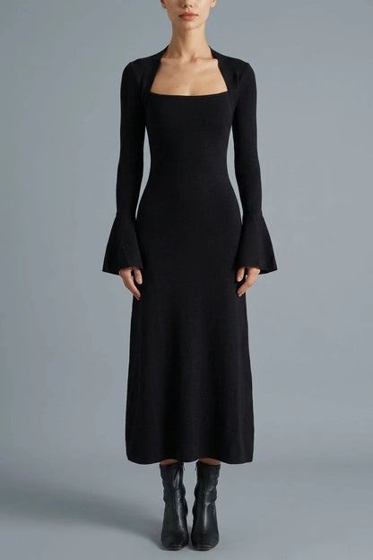 Square Neck Flare Sleeve Midi Dress With Fitted Bodice