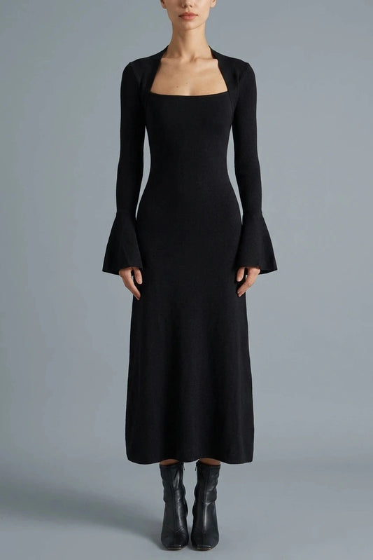 Square Neck Flare Sleeve Midi Dress With Fitted Bodice