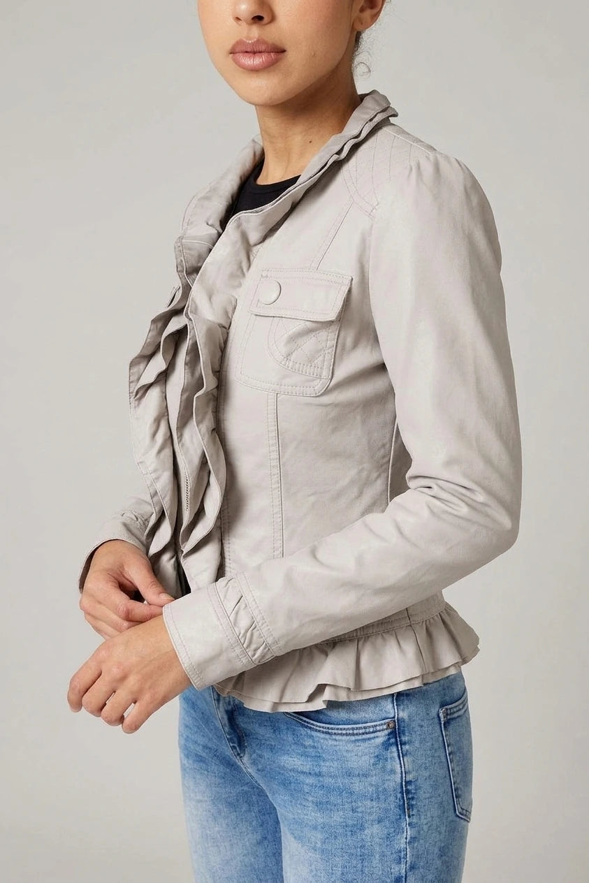 Frilled Front Faux Leather Jacket — variant_front
