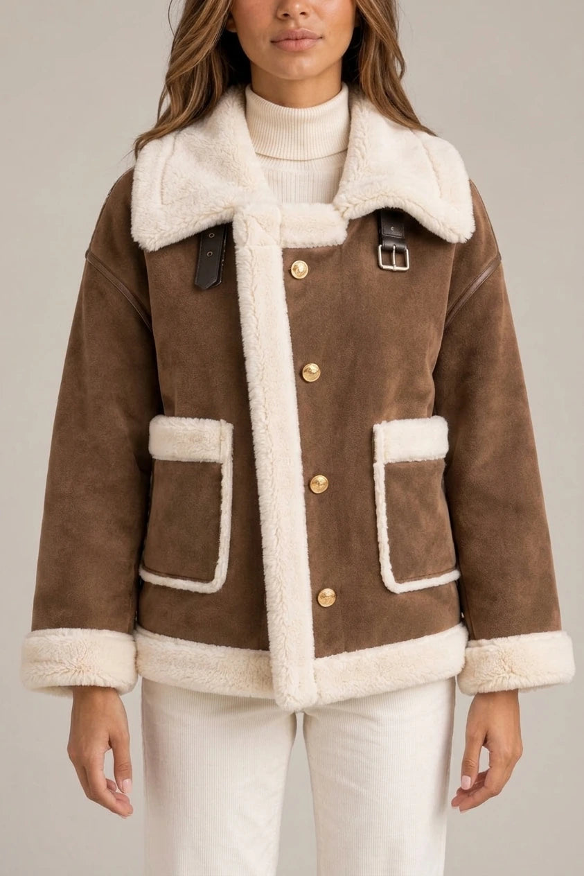 Women’s Faux Shearling Suede Look Jacket – Aviator Style Coat — variant_front
