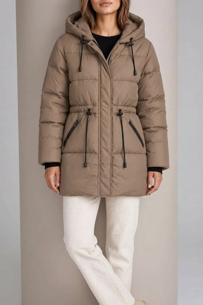Women’s Hooded Puffer Jacket – Drawstring Waist Quilted Winter Coat — variant_front