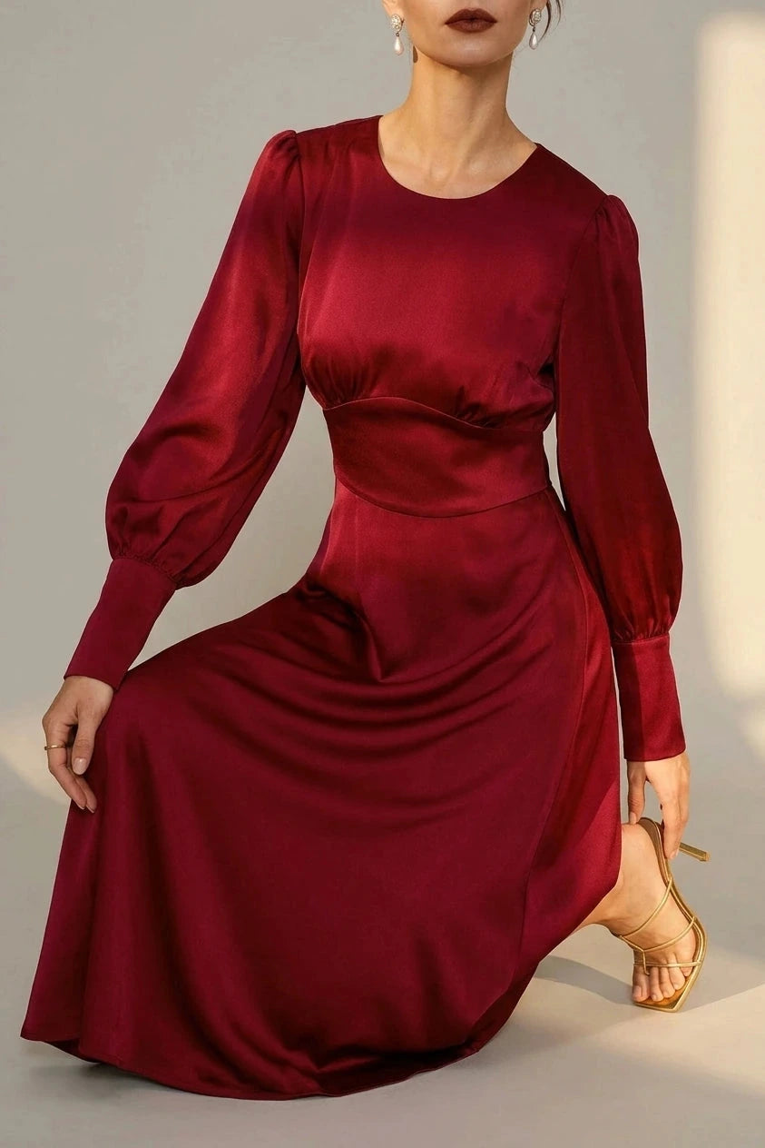 Satin A-Line Midi Dress With Puff Sleeves And Crew Neck