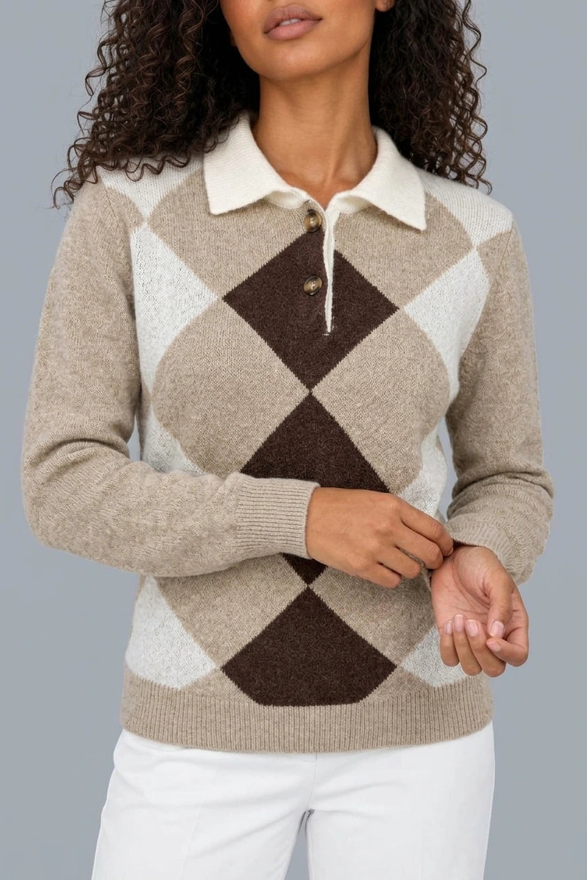 Women’s Argyle Collared Jumper – Button Neck Long Sleeve Knit Sweater — variant_front