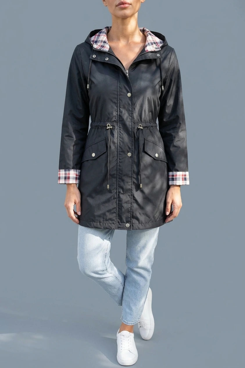 Women’s Longline Hooded Raincoat – Zip Up Parka with Adjustable Drawstring Waist — variant_front