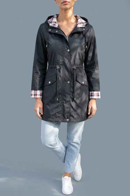 Women’s Longline Hooded Raincoat – Zip Up Parka with Adjustable Drawstring Waist — variant_front