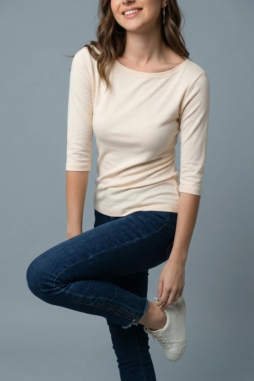 Casual Boat Neck 3/4 Sleeve T-shirt, Fitted Everyday Top — variant_front