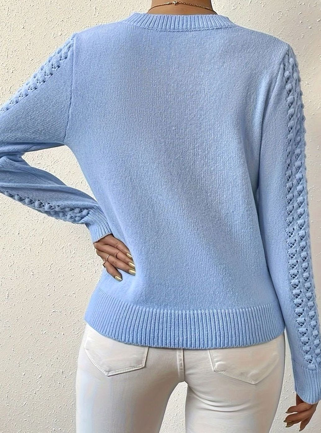 Soft Knit Sweater with Open Knit Detail, Round-Neck Jumper — variant_front