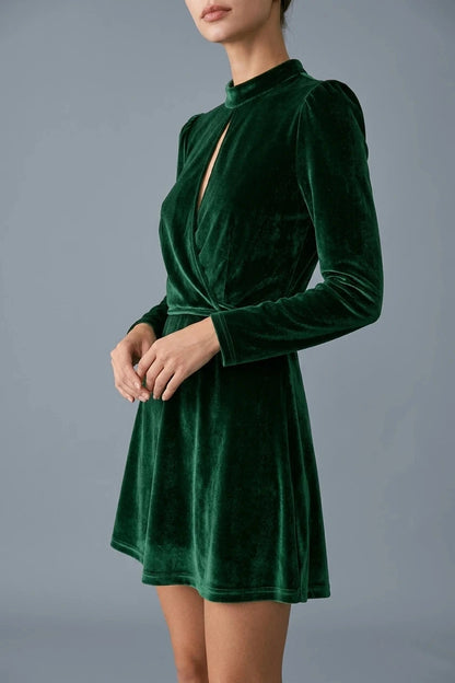 Stand Collar Cut Out Velvet Mini Dress With Long Sleeves And Wrap Waist