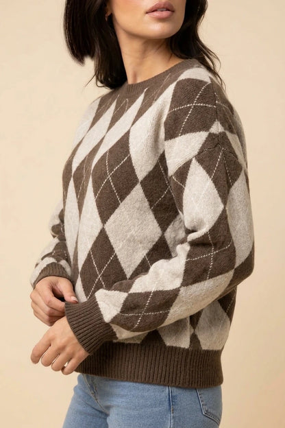 Women’s Argyle Knit Jumper – Crew Neck Long Sleeve Diamond Pattern Sweater — variant_front