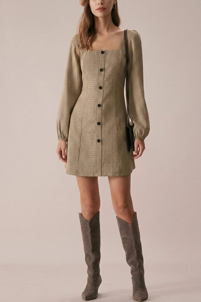 Square Neck Plaid Button Mini Dress With Long Puff Sleeves
