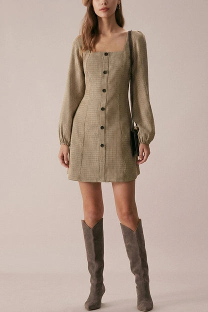 Square Neck Plaid Button Mini Dress With Long Puff Sleeves