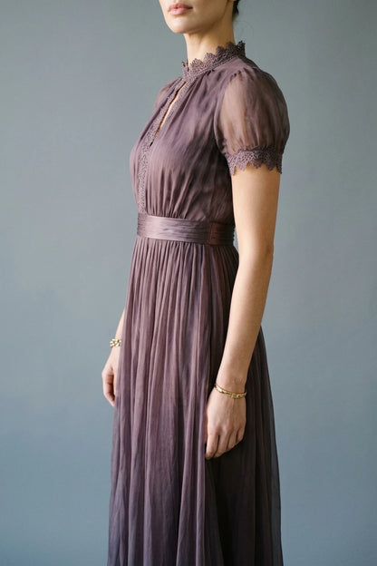 Elegant Mauve Chiffon Maxi Dress with Lace Trim and Satin Waist Belt — variant_front