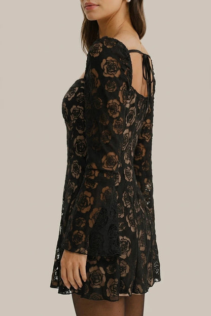 See Through Bell Sleeve Mini Dress With Square Neck And Floral Lace