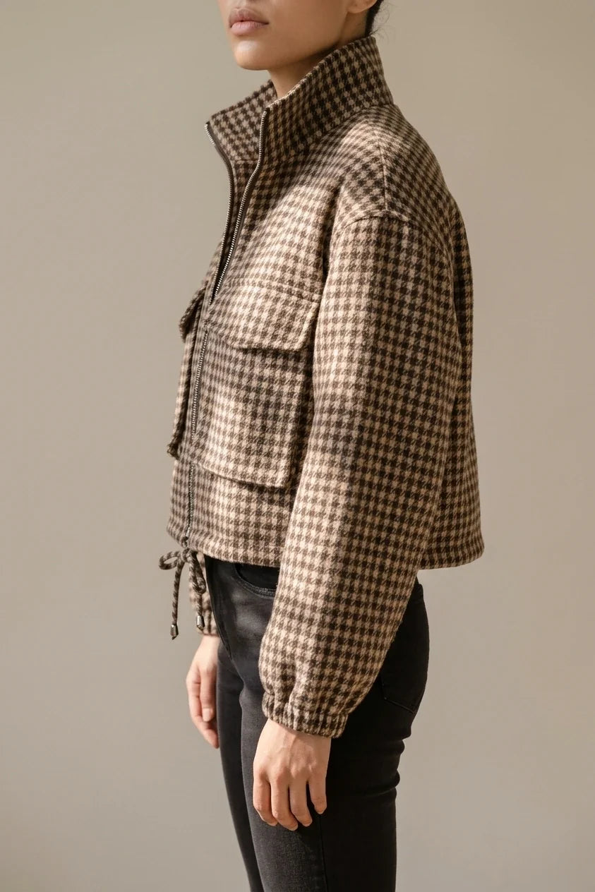 Women's Vintage British Houndstooth Jacket - Short Zip-Up Blazer with Stand Collar, Loose Fit Short Length, Zippered Outerwear Suitable for Spring/Autumn, Casual Office Wear, Machine Washable Houndstooth Suit — variant_front