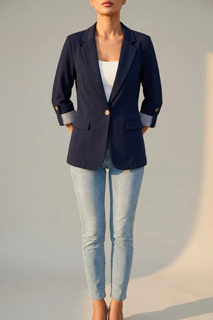 Flattering Rolled Sleeves Notched Lapel Buttoned Lightweight Office Casual Jacket Blazer — variant_front