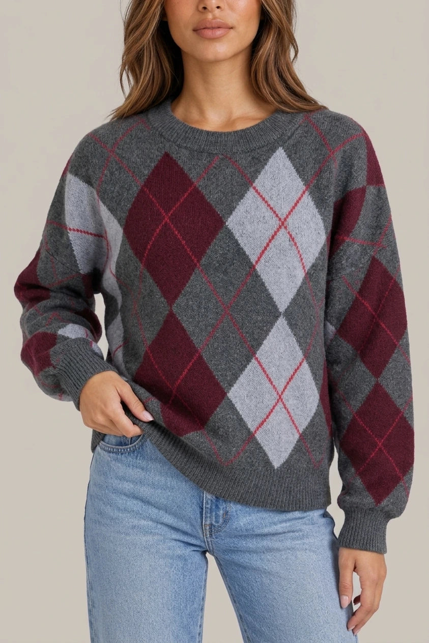 Women’s Argyle Pattern Knit Jumper – Crew Neck Long Sleeve Sweater — variant_front