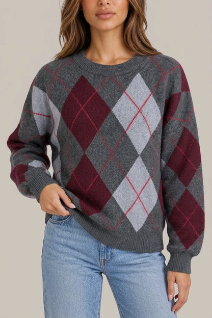 Women’s Argyle Pattern Knit Jumper – Crew Neck Long Sleeve Sweater — variant_front