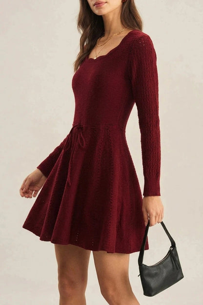Wine Red A-Line Sweater Dress With Scallop Neck, Long Sleeve, Tie Waist