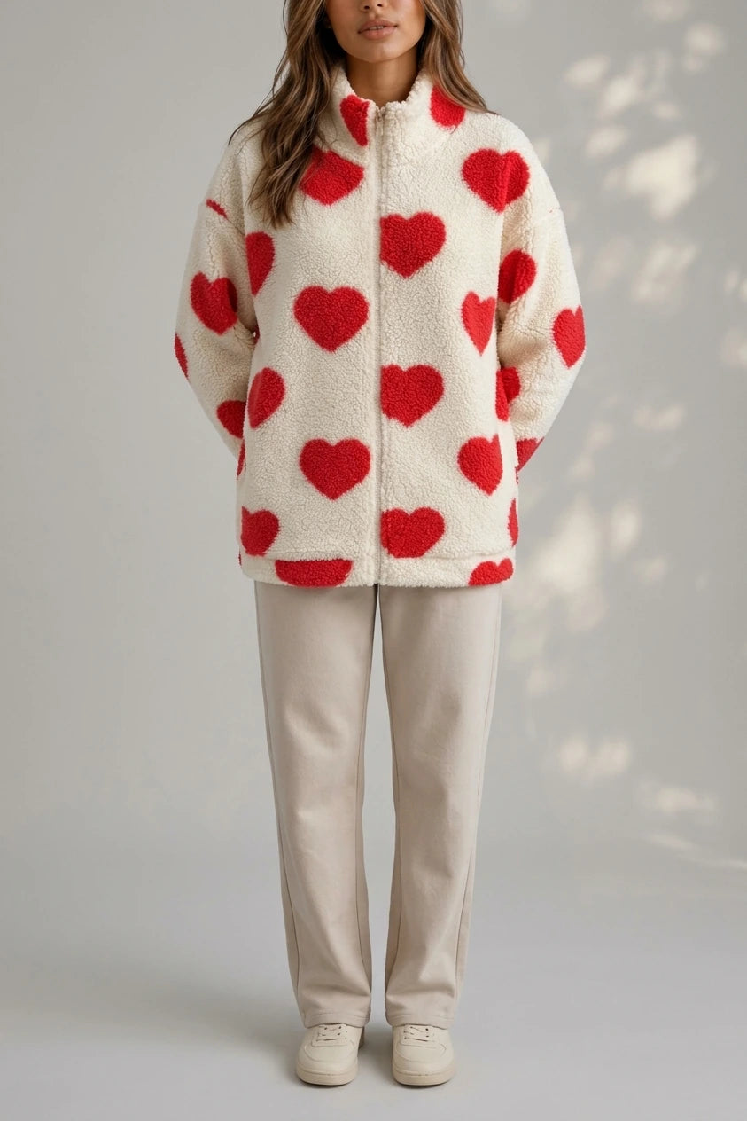 Women’s Heart Print Teddy Fleece Jacket – Zip Up Relaxed Fit Sherpa — variant_front