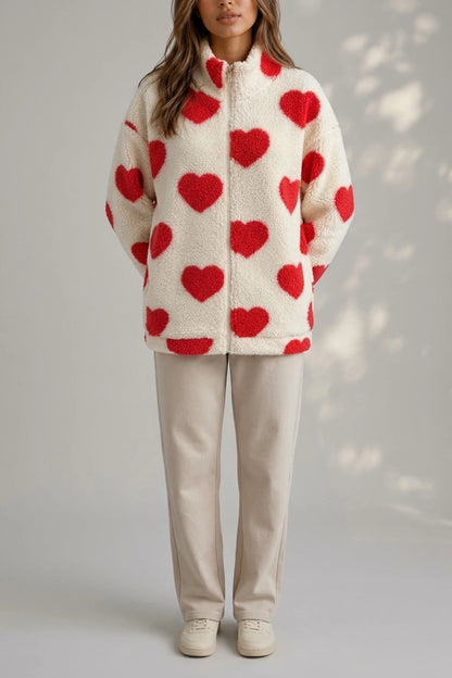 Women’s Heart Print Teddy Fleece Jacket – Zip Up Relaxed Fit Sherpa — variant_front