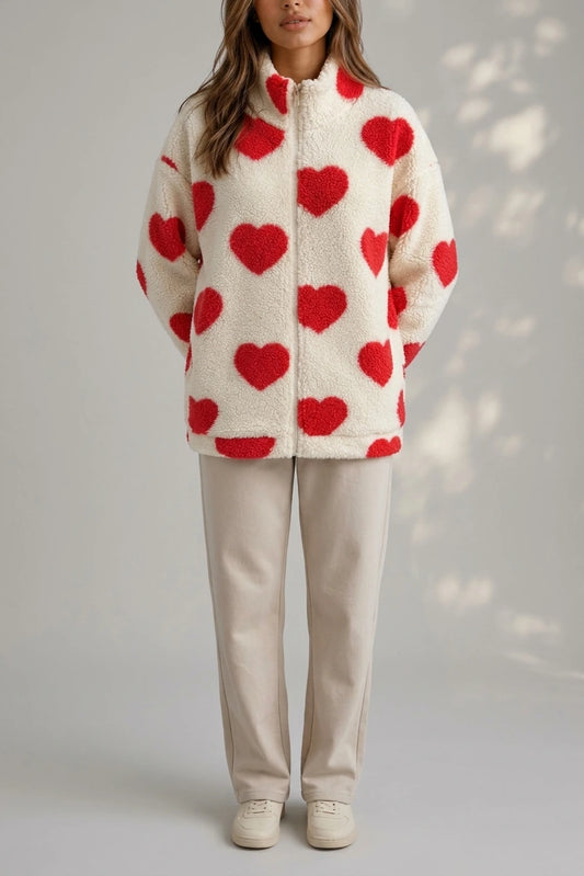 Women’s Heart Print Teddy Fleece Jacket – Zip Up Relaxed Fit Sherpa — variant_front