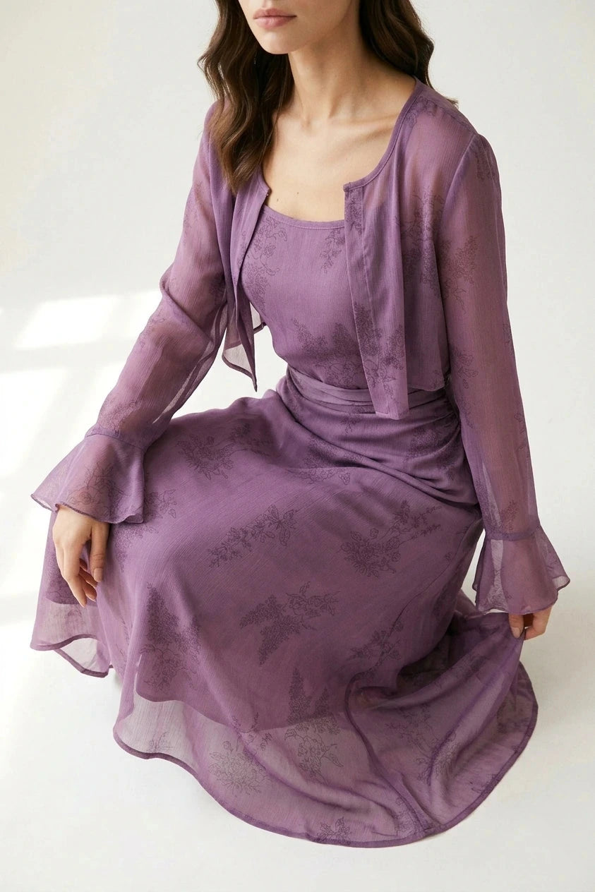 Floral Ruched Slip Midi Dress With Sheer Cropped Jacket