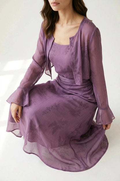Floral Ruched Slip Midi Dress With Sheer Cropped Jacket