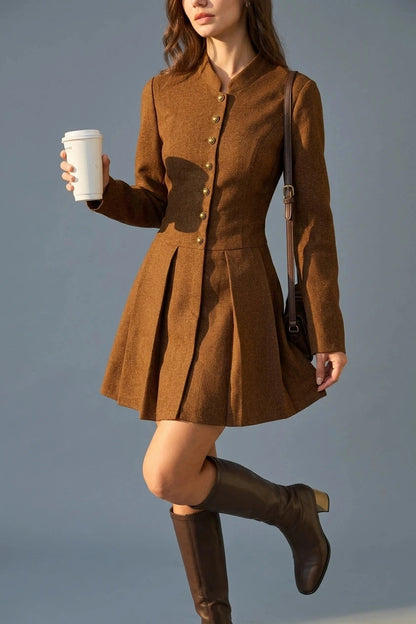 Ruched Button A-Line Mini Dress With Fitted Bodice And Pleated Skirt