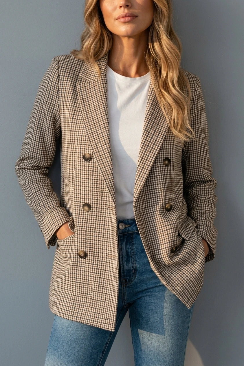 Women’s Double-Breasted Plaid Blazer – Long Sleeve Smart Tailored Jacket — variant_front