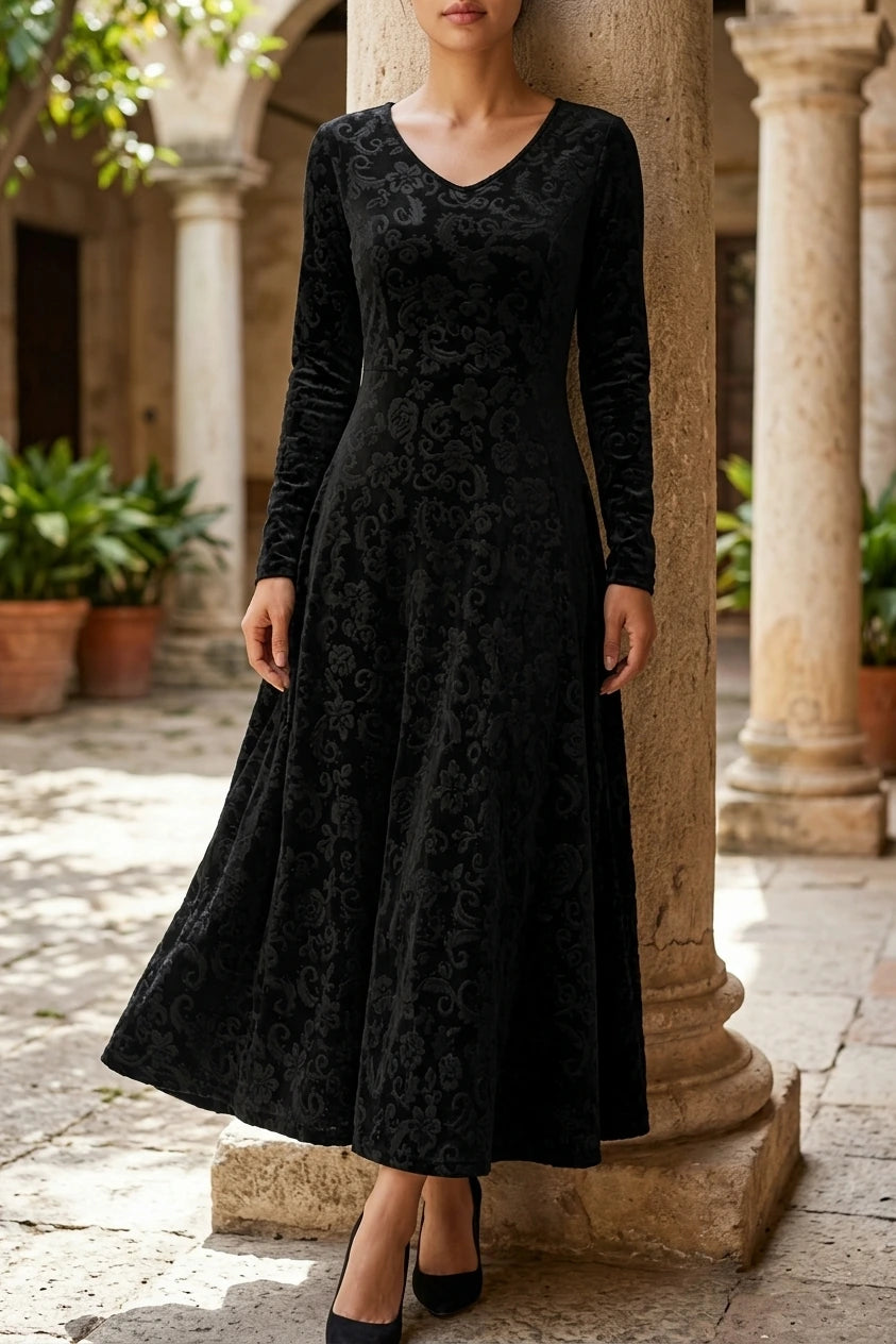 Elegant Vintage Velvet Floral V Neck Long Sleeves Maxi Dress — variant_front