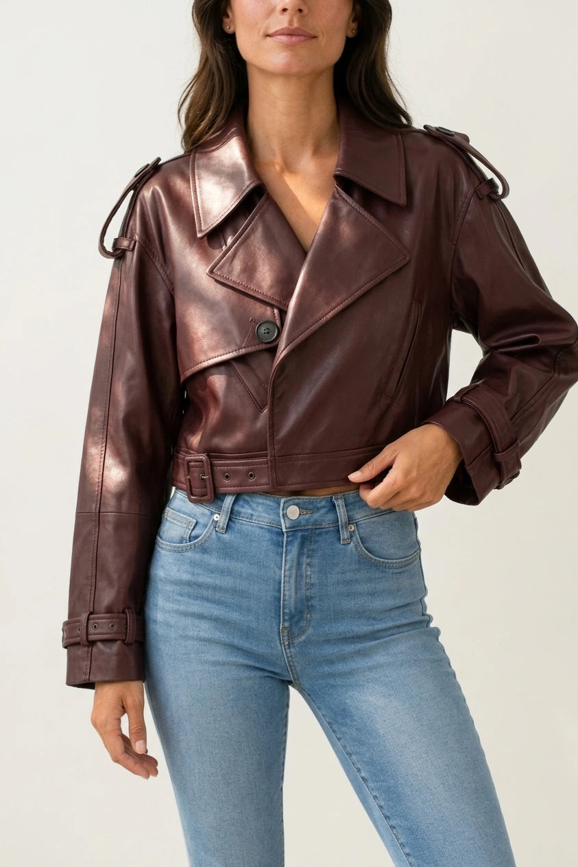 Women’s Leather Biker Jacket – Belted Cropped Style — variant_front