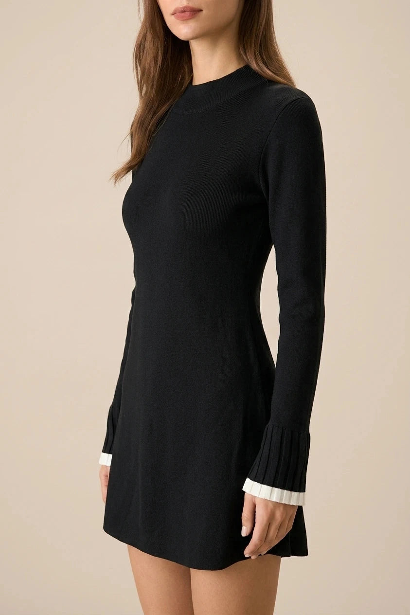 Contrast Trim Knit Mini Dress With Mock Neck And Ribbed Cuffs