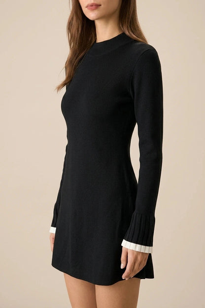 Contrast Trim Knit Mini Dress With Mock Neck And Ribbed Cuffs