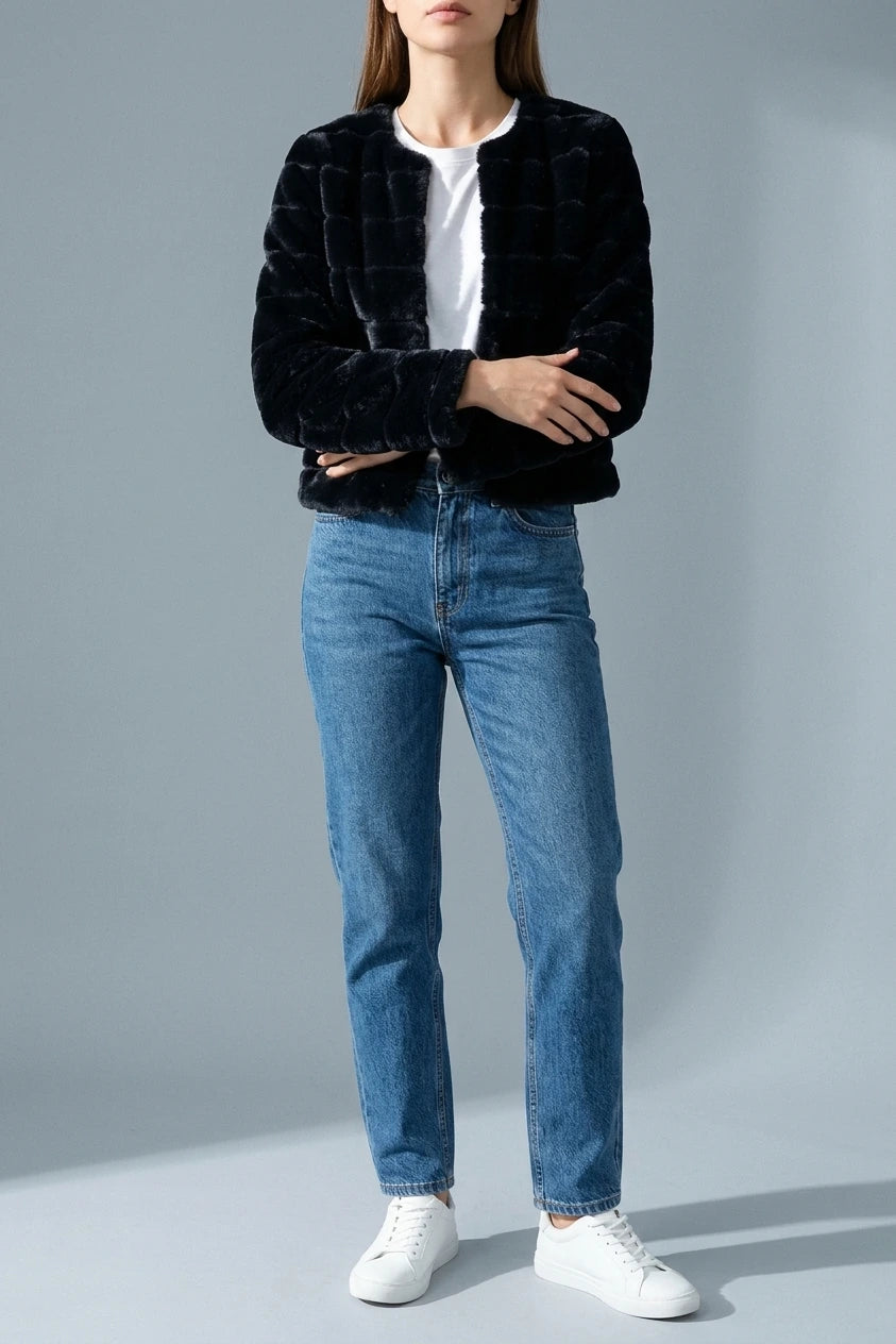 Winter Warm Cropped Collarless Faux Fur Fluffy Jacket — variant_front