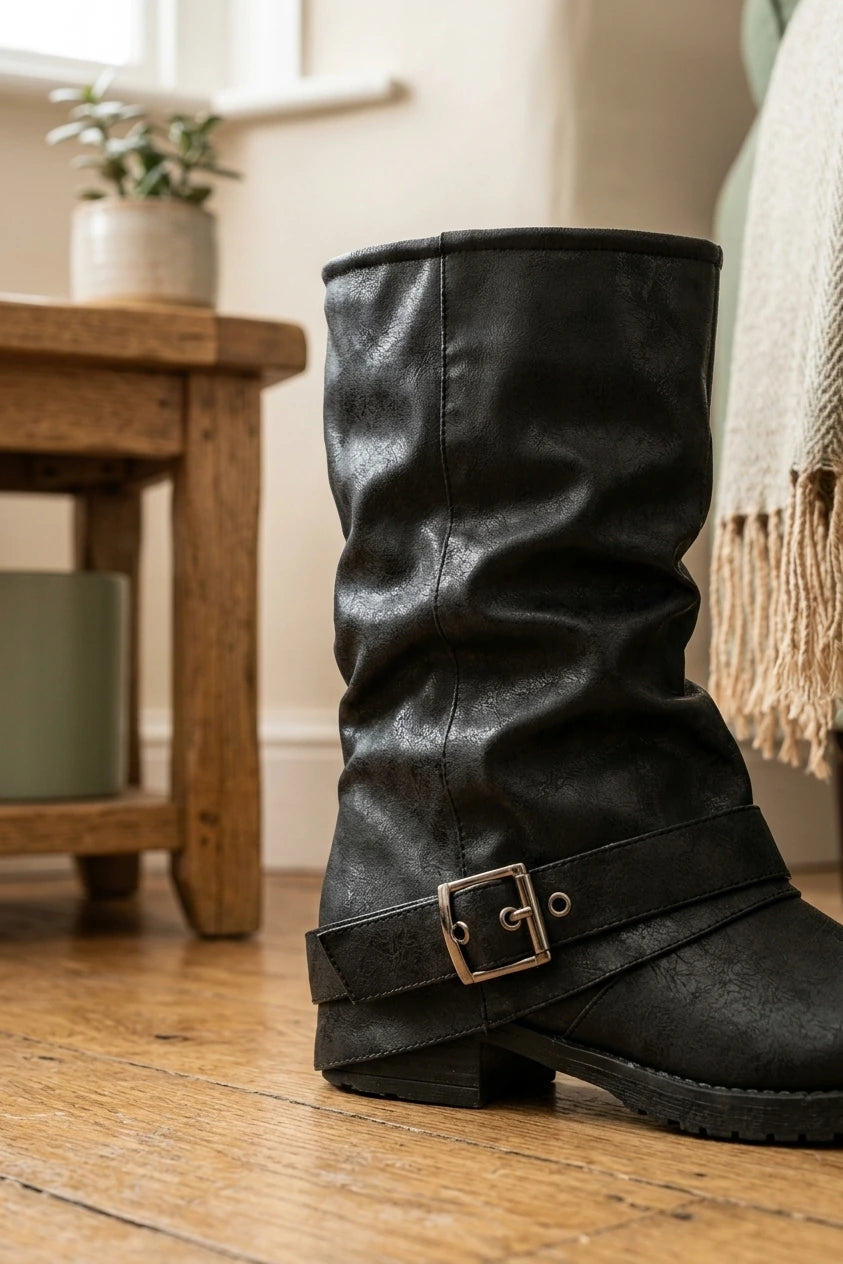 Black Slouch Boots Buckle Strap — detail_material.webp