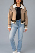 Suede Look Cropped Aviator Jacket with Teddy Lining Biker Coat